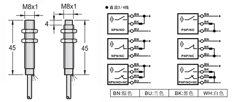 M8-45mm圆柱标准型接近开关出线式